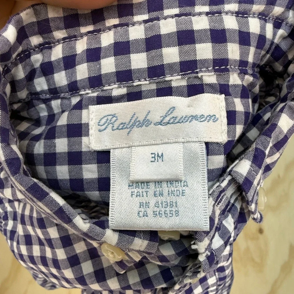 Ralph Lauren Kids Navy Gingham Button Down Shirt 3M Long Sleeve Cotton Pony Logo
